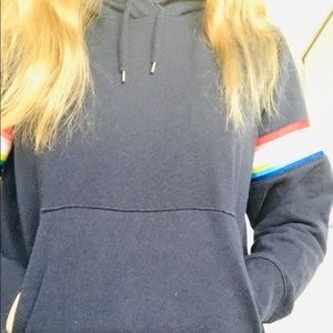 Blue Gap hoodie with rainbow stripe sleeves